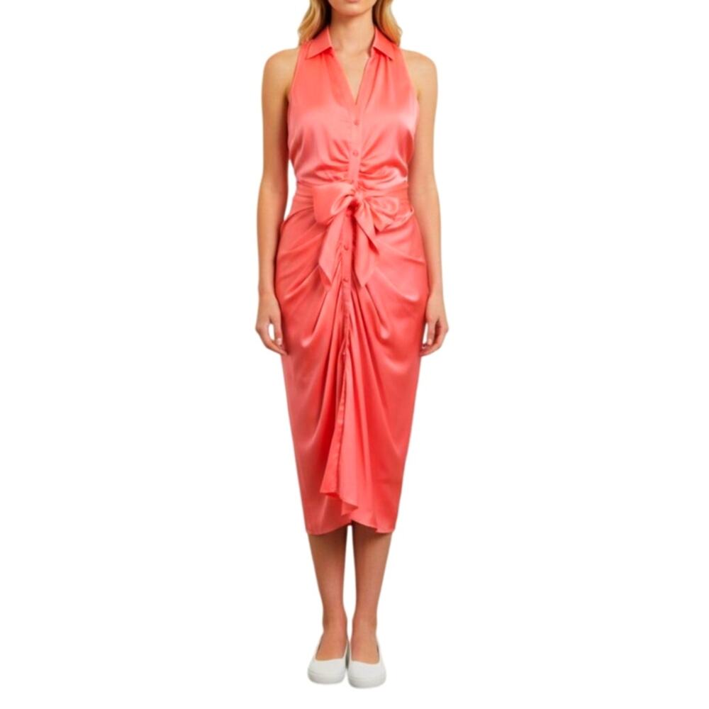 Do+Be Women's Small Coral Satin Sleeveless Collared VNeck Tie Front Bow Dress